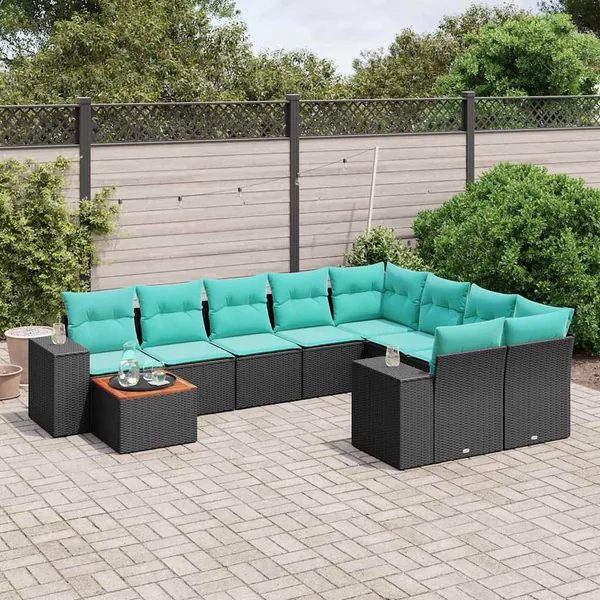 Ensemble de canapé de jardin 10 pcs avec coussins noir résine tressée
