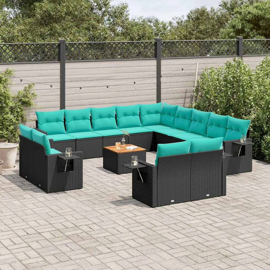 Ensemble de canapé de jardin 14 pcs avec coussins noir résine tressée