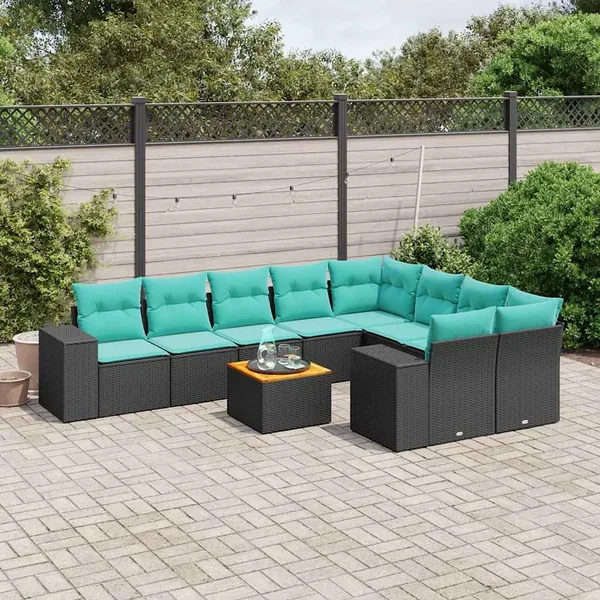 Ensemble de canapé de jardin 10 pcs avec coussins noir résine tressée