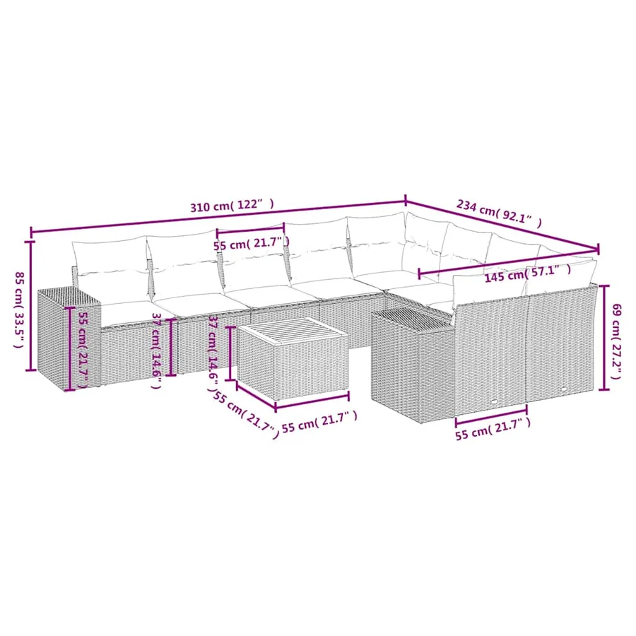 Ensemble de canapé de jardin 10 pcs avec coussins noir résine tressée - 8