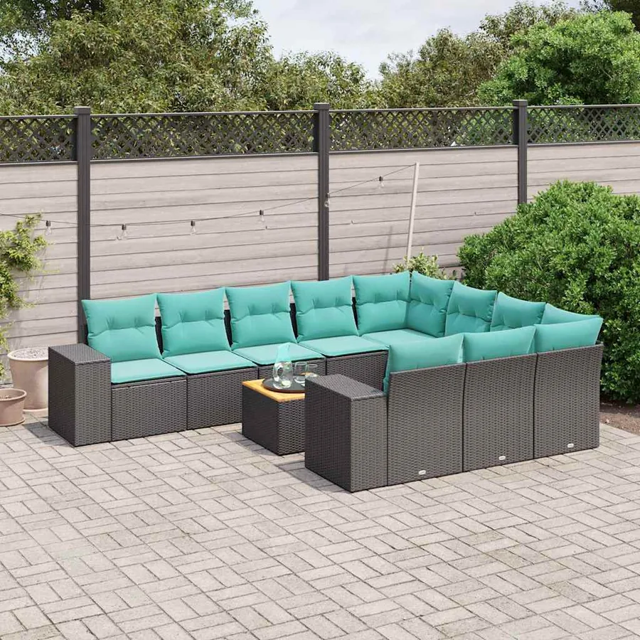Ensemble de canapé de jardin 11 pcs avec coussins noir résine tressée
