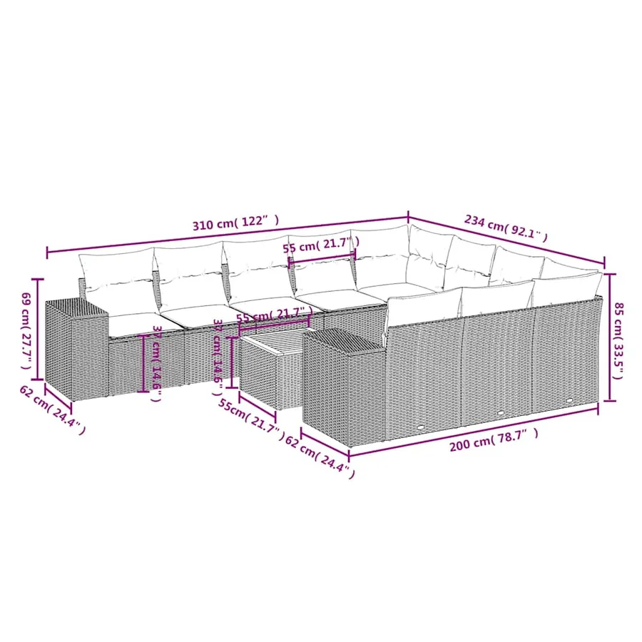 Ensemble de canapé de jardin 11 pcs avec coussins noir résine tressée - 8