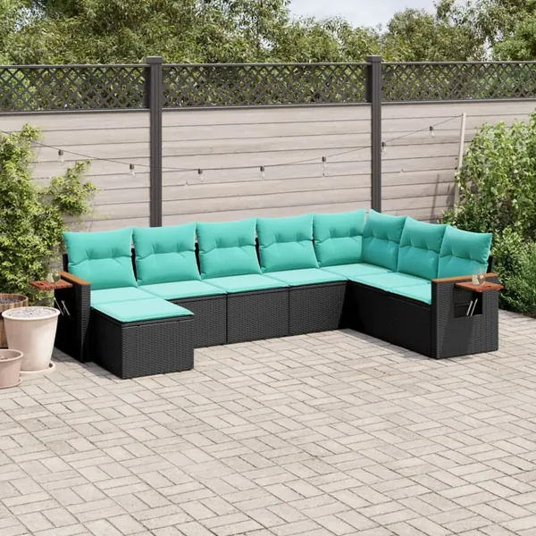 Salon de jardin 8 pcs avec coussins noir résine tressée