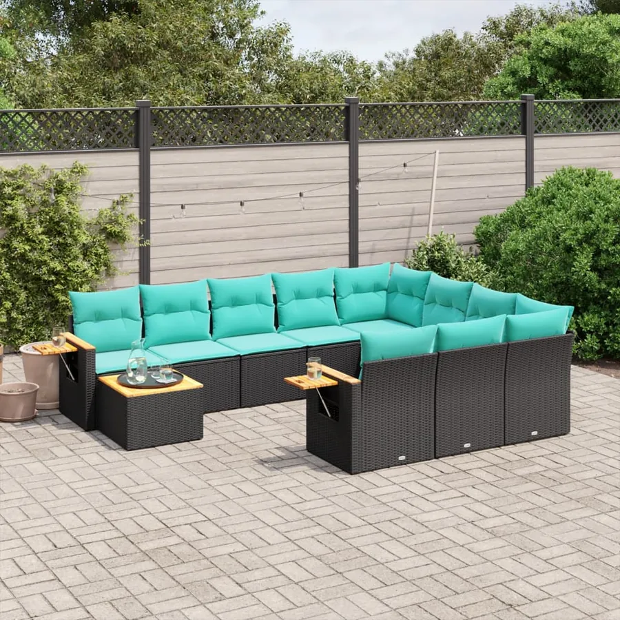 Salon de jardin 11 pcs avec coussins noir résine tressée