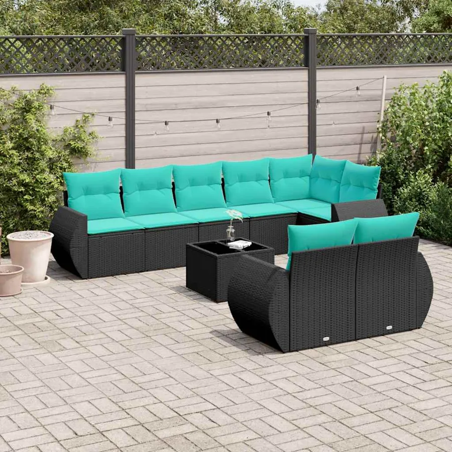 Ensemble de canapé de jardin 9 pcs avec coussins noir résine tressée