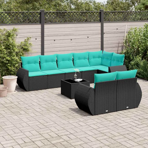 Ensemble de canapé de jardin 9 pcs avec coussins noir résine tressée
