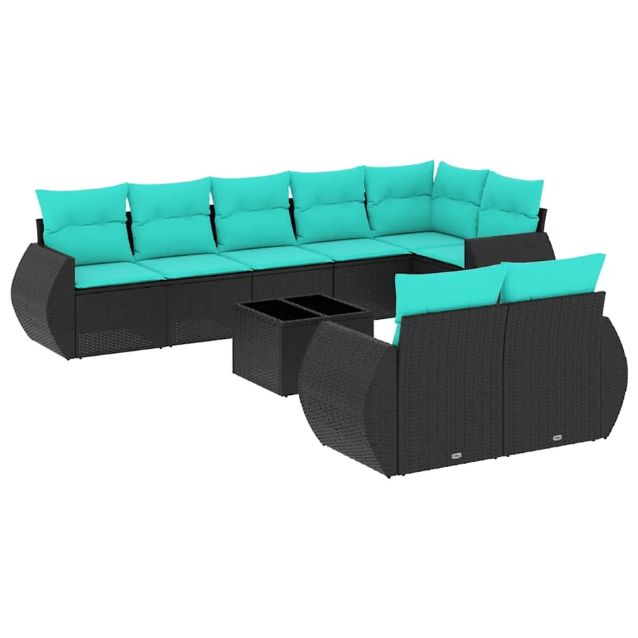 Ensemble de canapé de jardin 9 pcs avec coussins noir résine tressée - 2