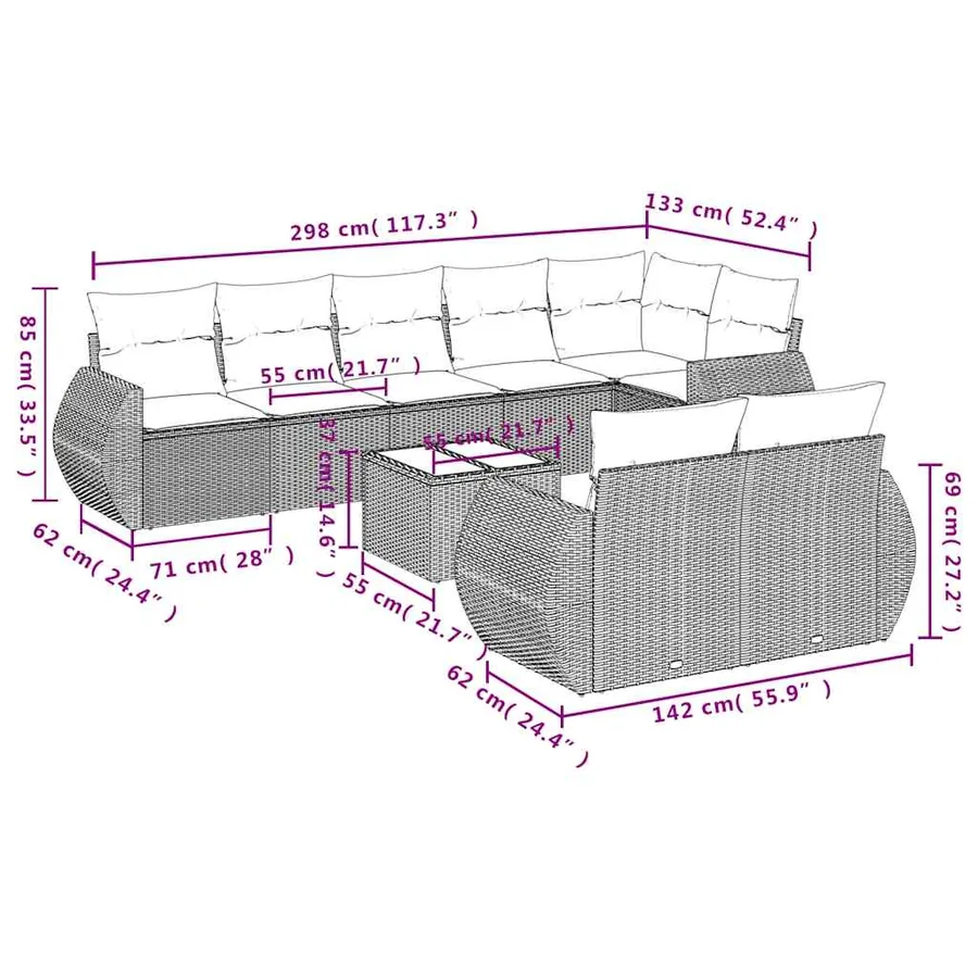 Ensemble de canapé de jardin 9 pcs avec coussins noir résine tressée - 8