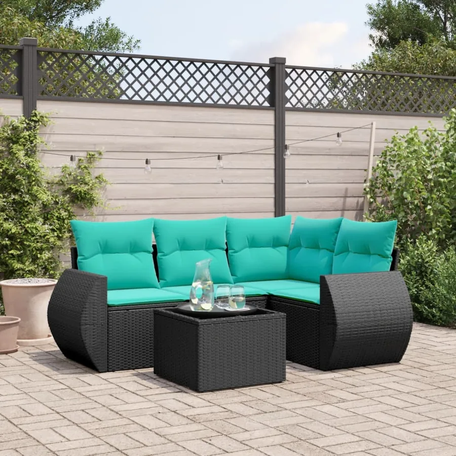 Ensemble de canapé de jardin 5 pcs avec coussins noir résine tressée