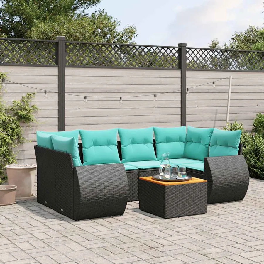 Ensemble de canapé de jardin 7 pcs avec coussins noir résine tressée