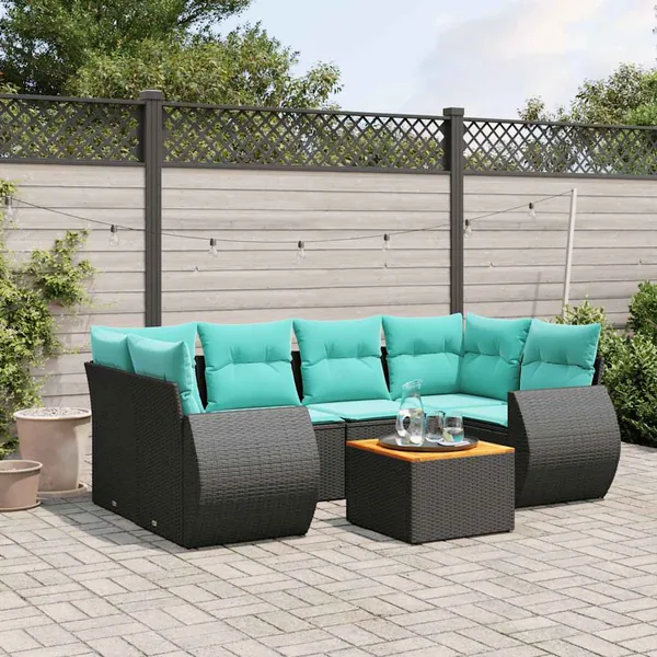 Ensemble de canapé de jardin 7 pcs avec coussins noir résine tressée