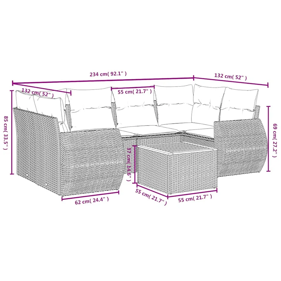 Ensemble de canapé de jardin 7 pcs avec coussins noir résine tressée - 8