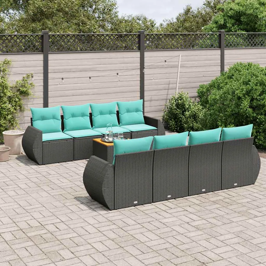 Ensemble de canapé de jardin 9 pcs avec coussins noir résine tressée