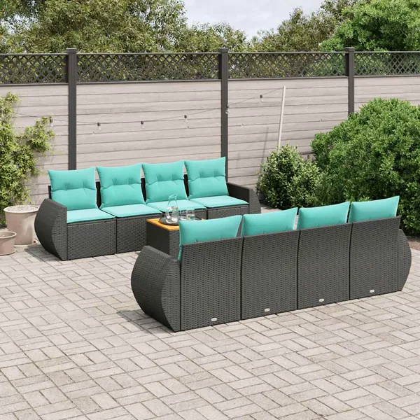 Ensemble de canapé de jardin 9 pcs avec coussins noir résine tressée