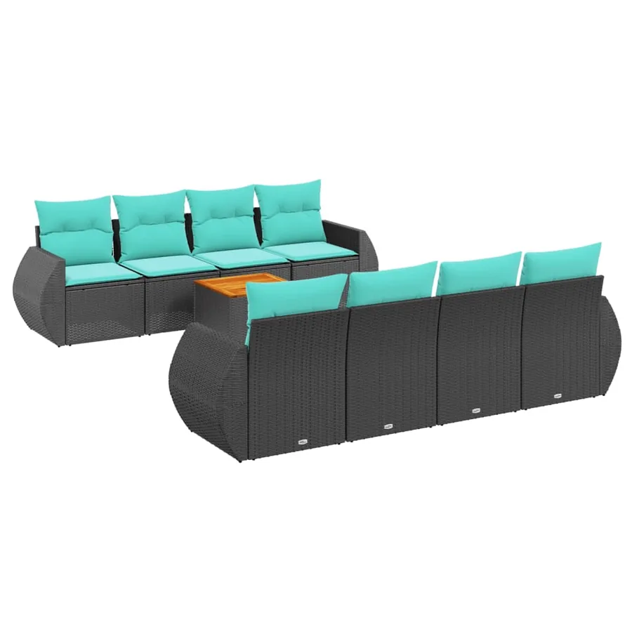 Ensemble de canapé de jardin 9 pcs avec coussins noir résine tressée - 2