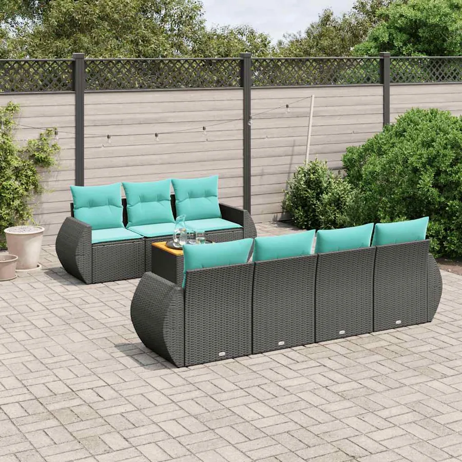 Ensemble de canapé de jardin 8 pcs avec coussins noir résine tressée