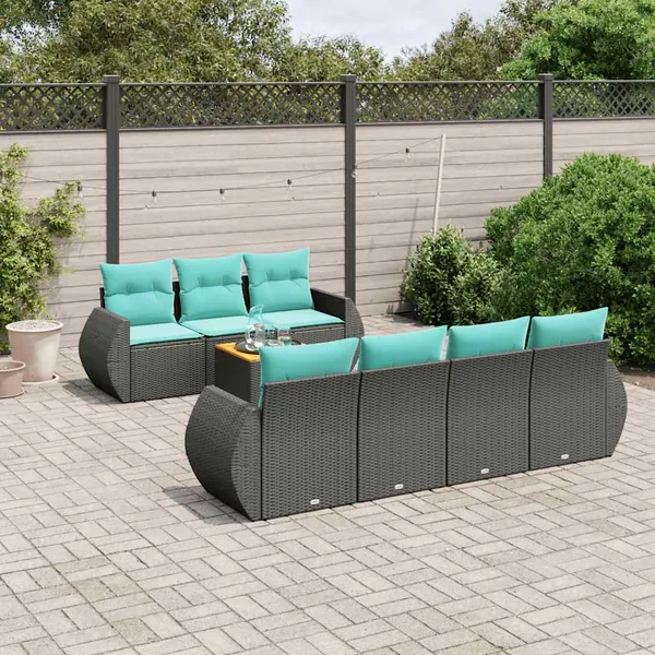 Ensemble de canapé de jardin 8 pcs avec coussins noir résine tressée
