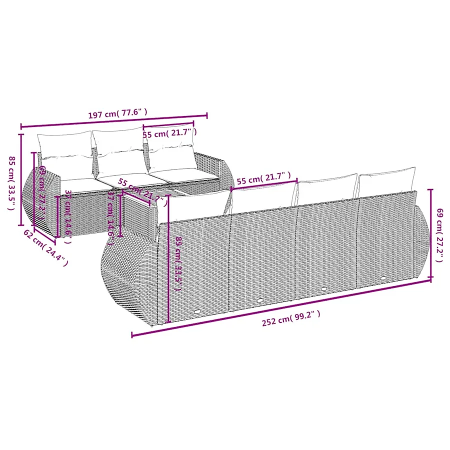 Ensemble de canapé de jardin 8 pcs avec coussins noir résine tressée - 8
