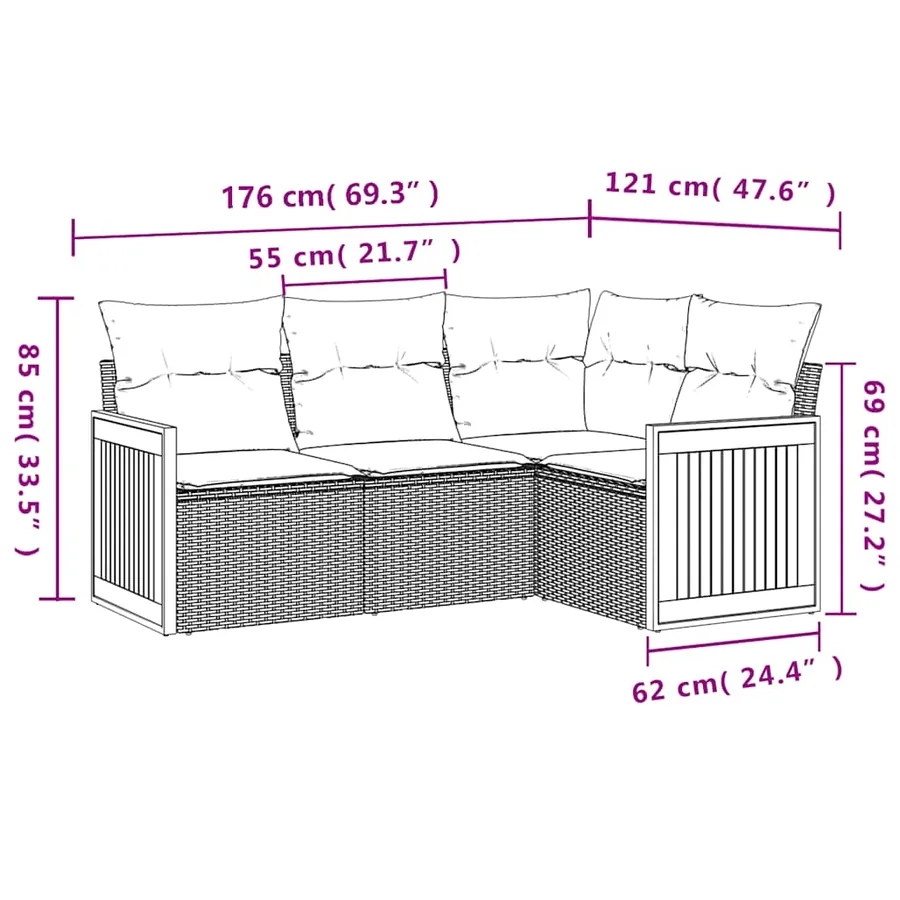 Salon de jardin 4 pcs avec coussins noir résine tressée - 7