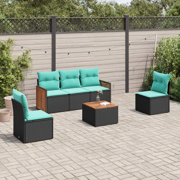 Ensemble de canapé de jardin 6 pcs avec coussins noir résine tressée
