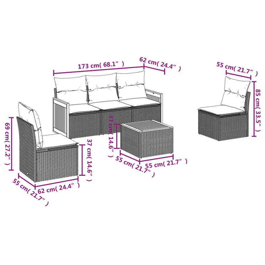Ensemble de canapé de jardin 6 pcs avec coussins noir résine tressée - 7
