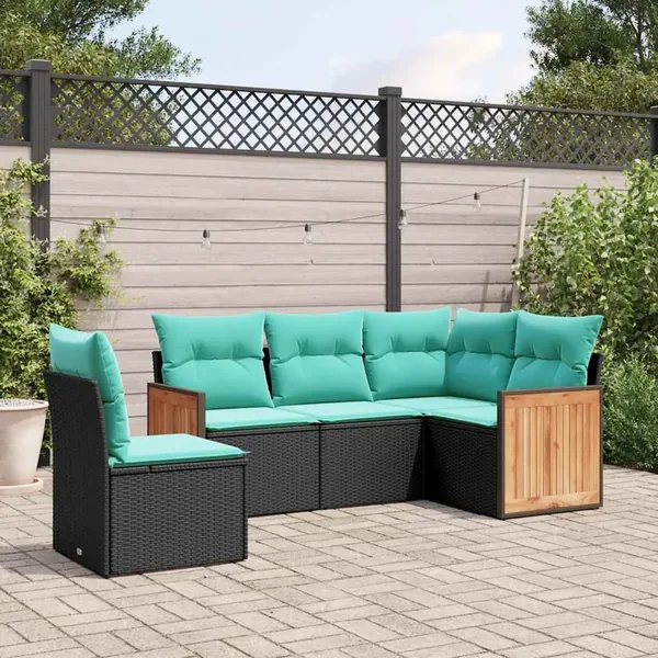 Salon de jardin 5 pcs avec coussins noir résine tressée