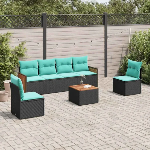 Ensemble de canapé de jardin 7 pcs avec coussins noir résine tressée