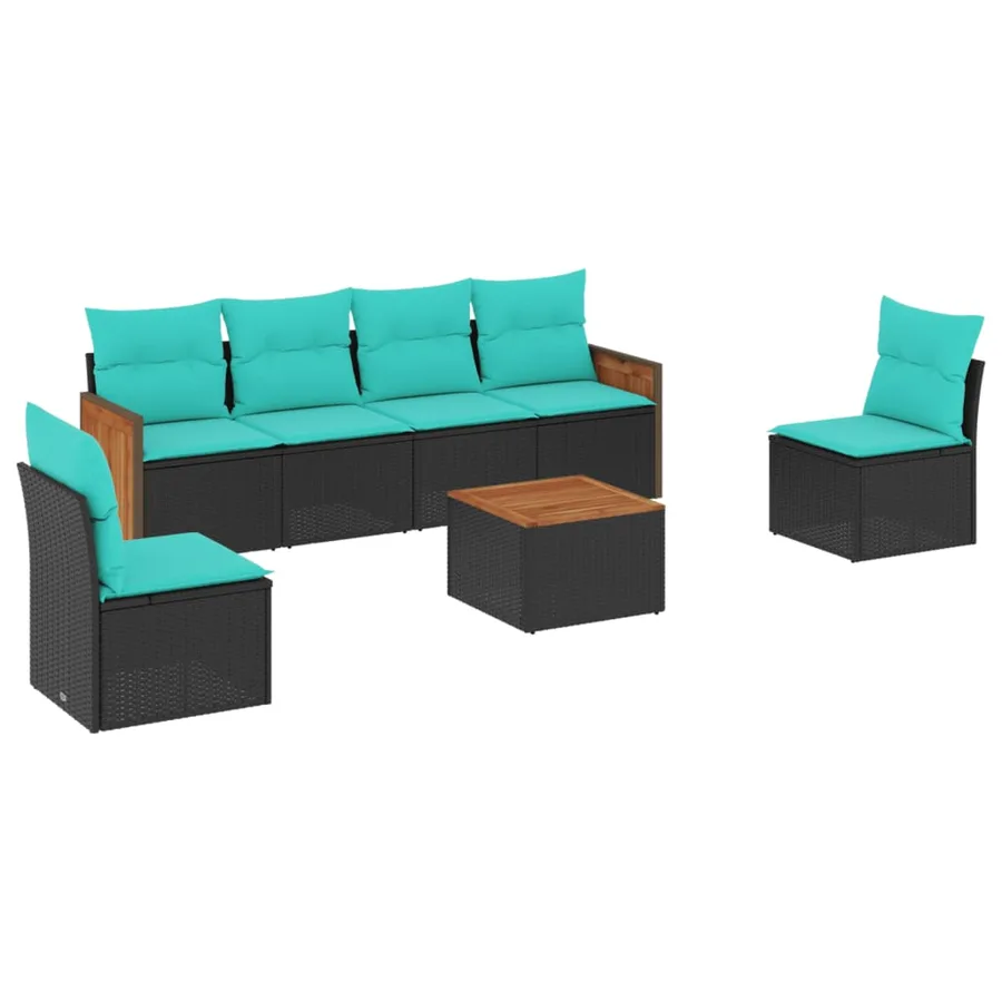 Ensemble de canapé de jardin 7 pcs avec coussins noir résine tressée - 2