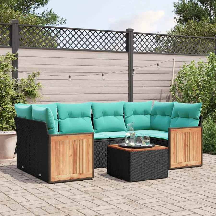 Ensemble de canapé de jardin 7 pcs avec coussins noir résine tressée