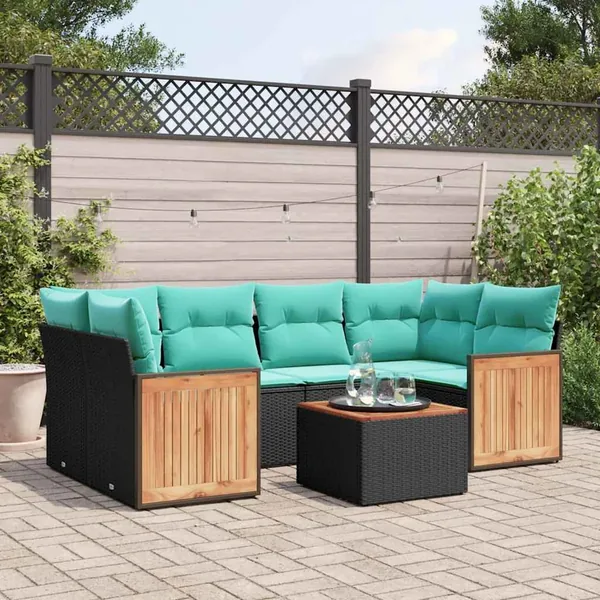 Ensemble de canapé de jardin 7 pcs avec coussins noir résine tressée