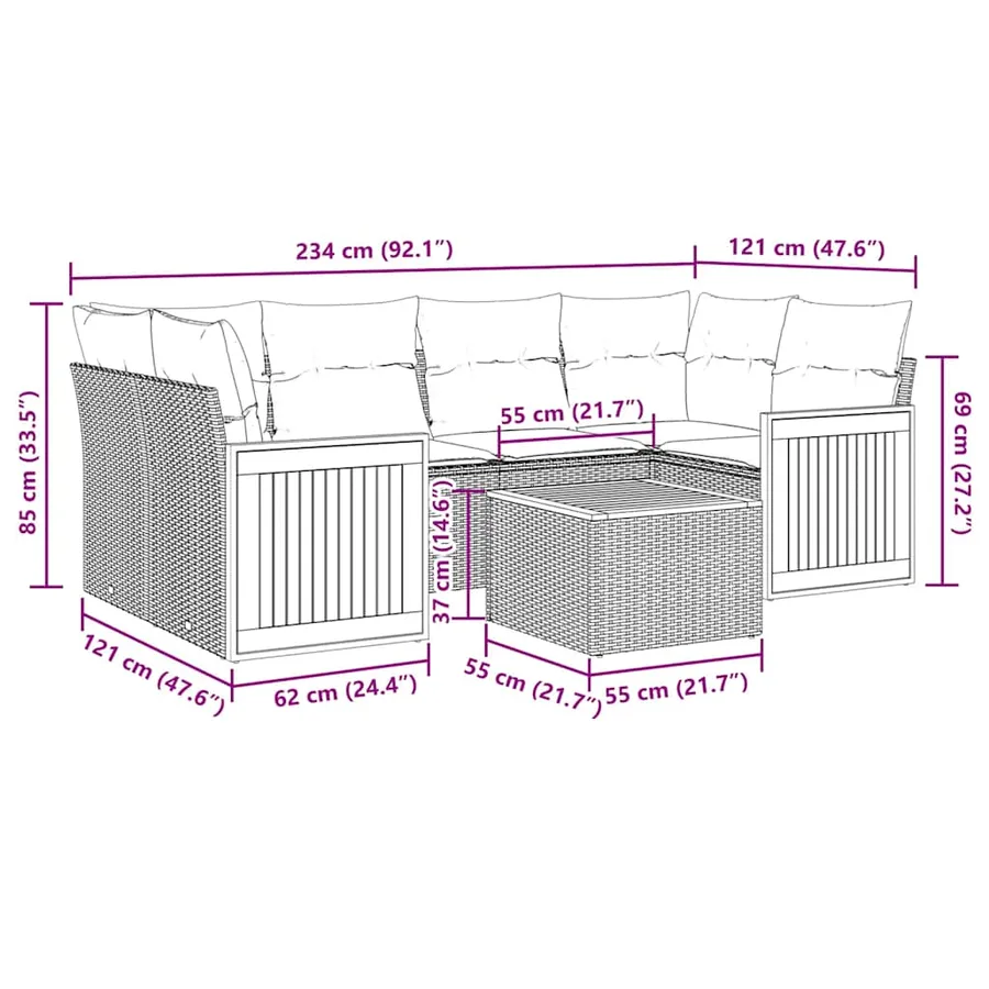 Ensemble de canapé de jardin 7 pcs avec coussins noir résine tressée - 8