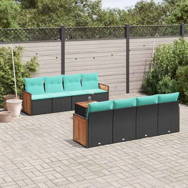 Ensemble de canapé de jardin 9 pcs avec coussins noir résine tressée
