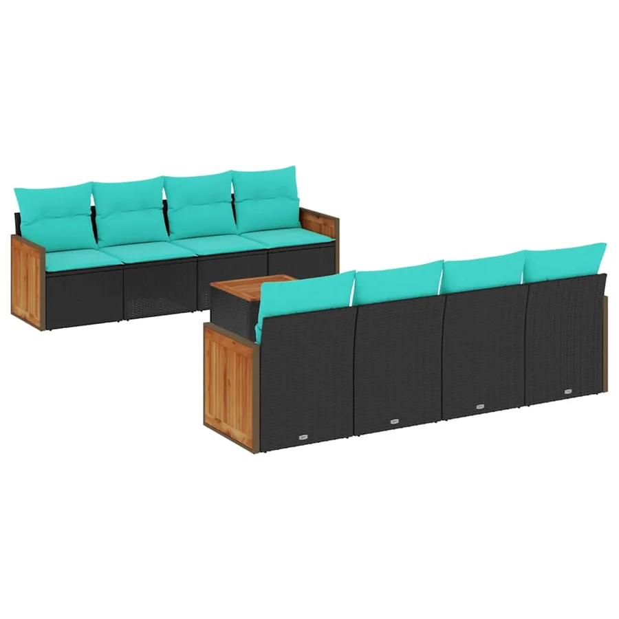 Ensemble de canapé de jardin 9 pcs avec coussins noir résine tressée - 2
