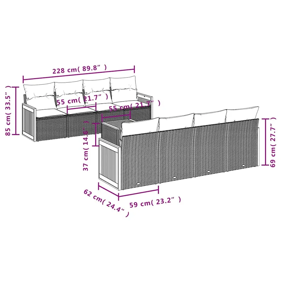 Ensemble de canapé de jardin 9 pcs avec coussins noir résine tressée - 7