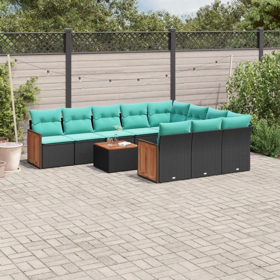Ensemble de canapé de jardin 11 pcs avec coussins noir résine tressée