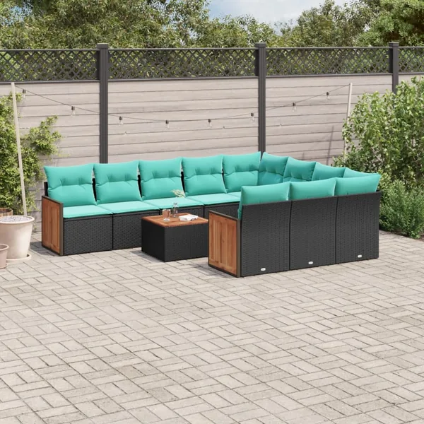Ensemble de canapé de jardin 11 pcs avec coussins noir résine tressée