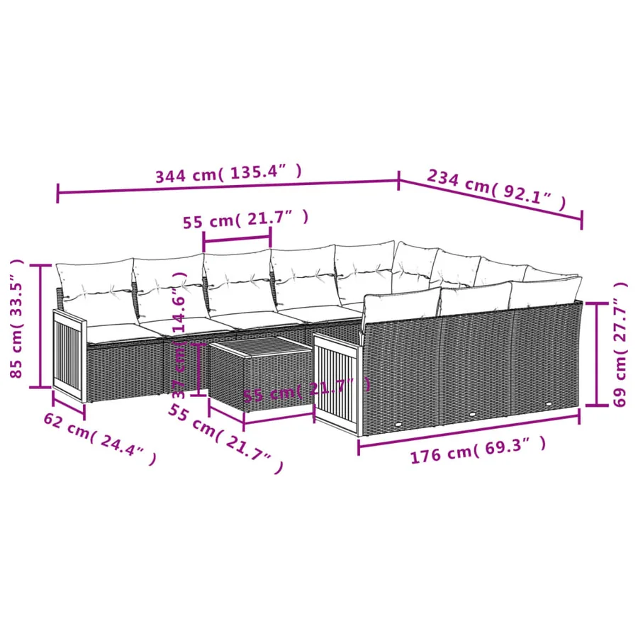 Ensemble de canapé de jardin 11 pcs avec coussins noir résine tressée - 8