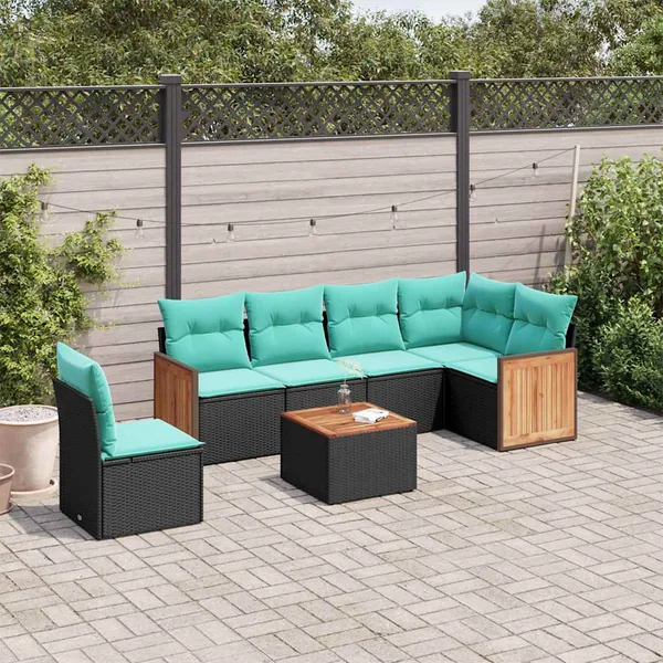 Ensemble de canapé de jardin 7 pcs avec coussins noir résine tressée