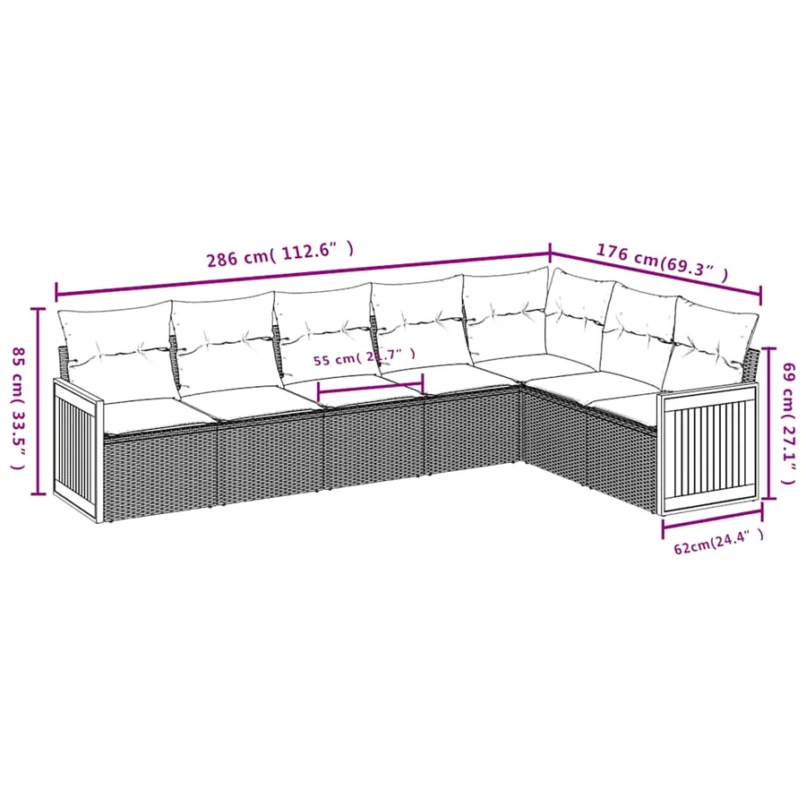 Salon de jardin 7 pcs avec coussins noir résine tressée 55 x 62 x 69 cm - 57,2 kg - 7