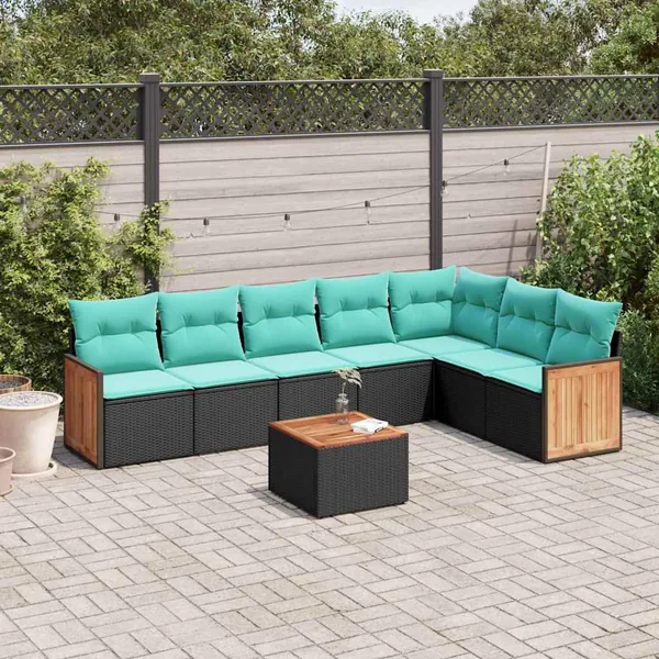 Ensemble de canapé de jardin 8 pcs avec coussins noir résine tressée