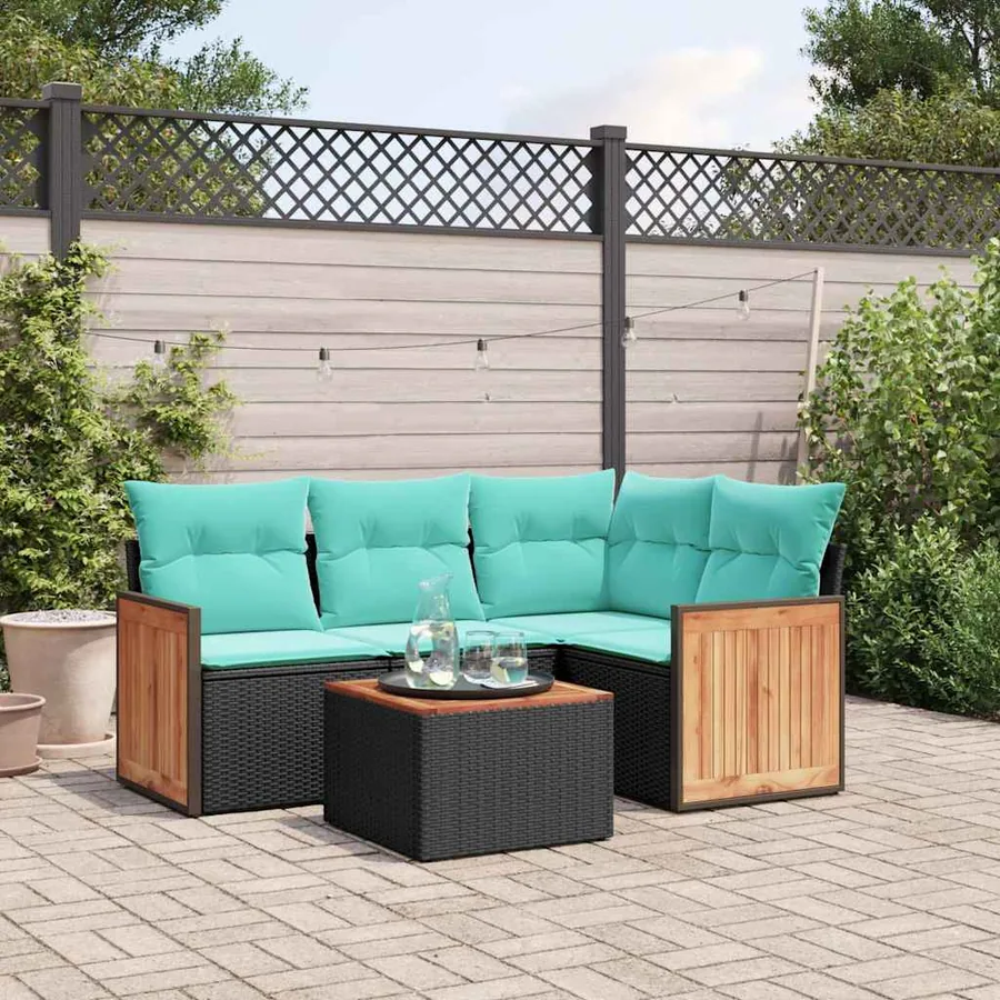 Ensemble de canapé de jardin 5 pcs avec coussins noir résine tressée