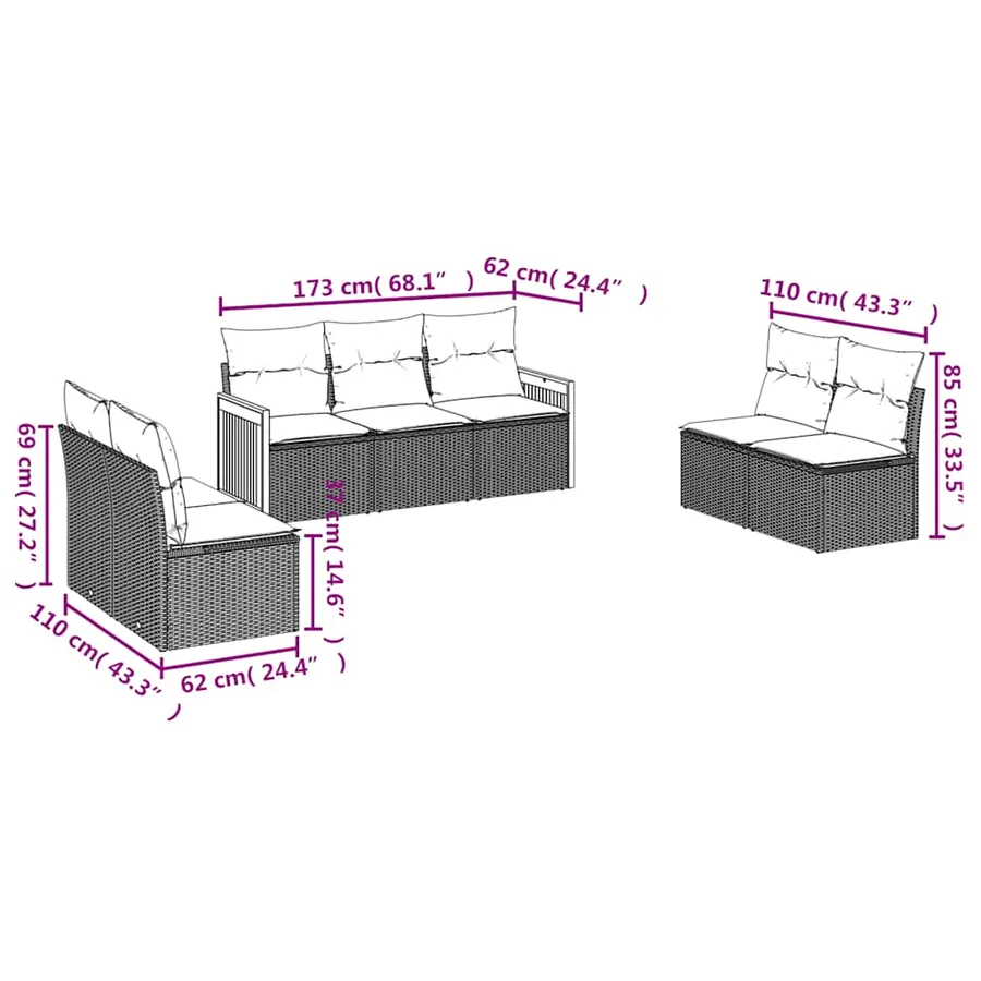 Salon de jardin 7 pcs avec coussins noir résine tressée 55 x 62 x 69 cm - 55,4 kg - 6
