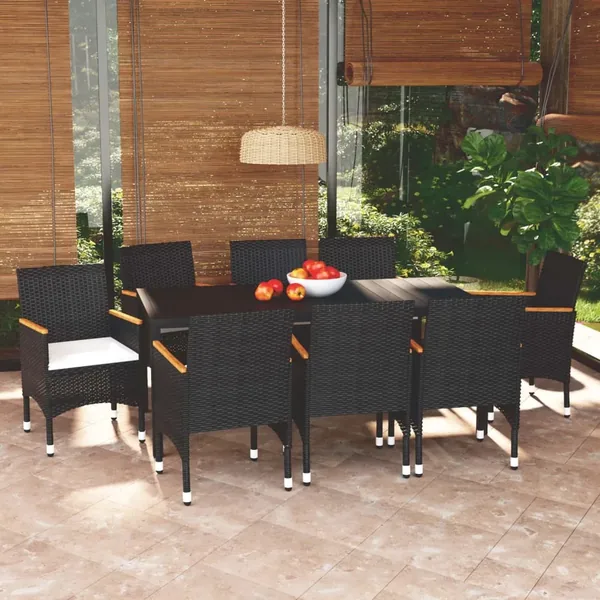 Ensemble à manger de jardin coussins 9pcs Résine tressée Noir