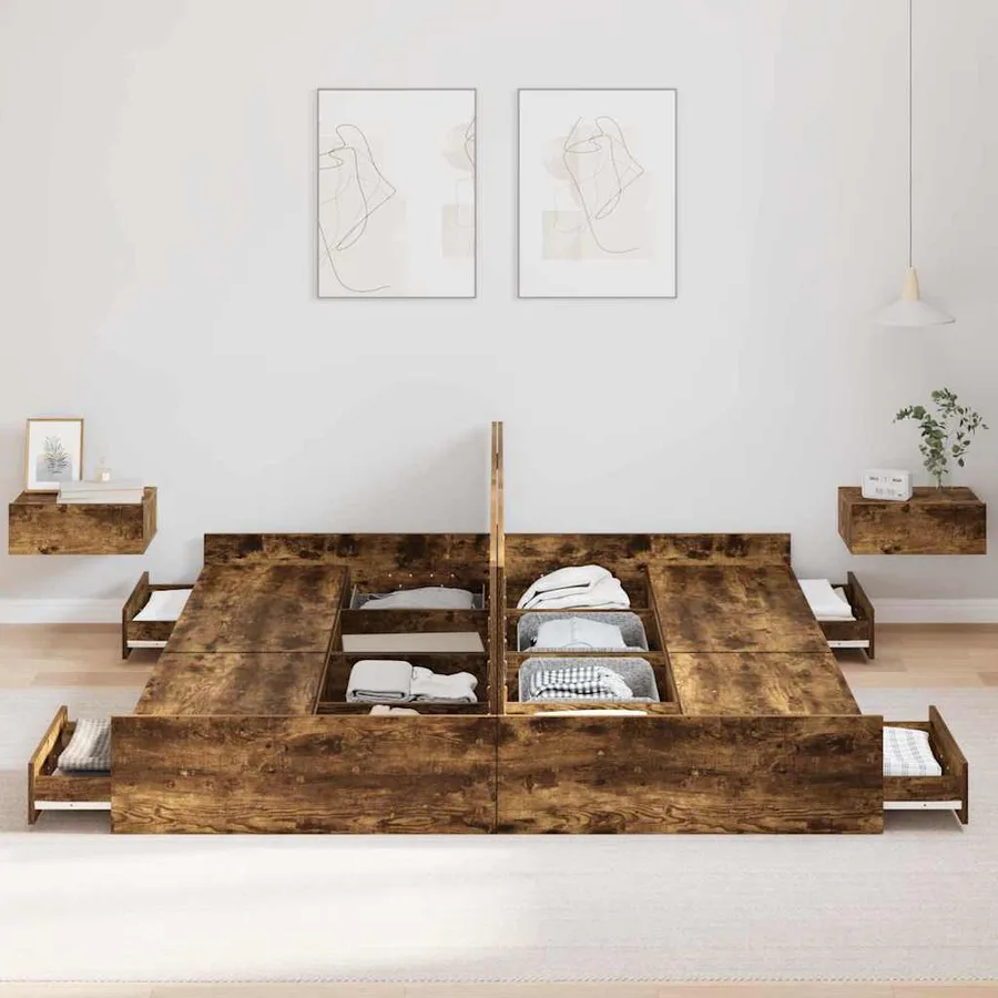 Cadre de lit avec rangement avec tiroir Chêne fumé 200 x 200 cm - 3