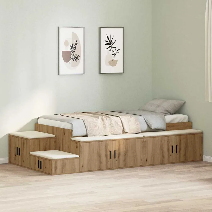 Cadre de lit avec rangement avec étagère Chêne artisanal 75 cm