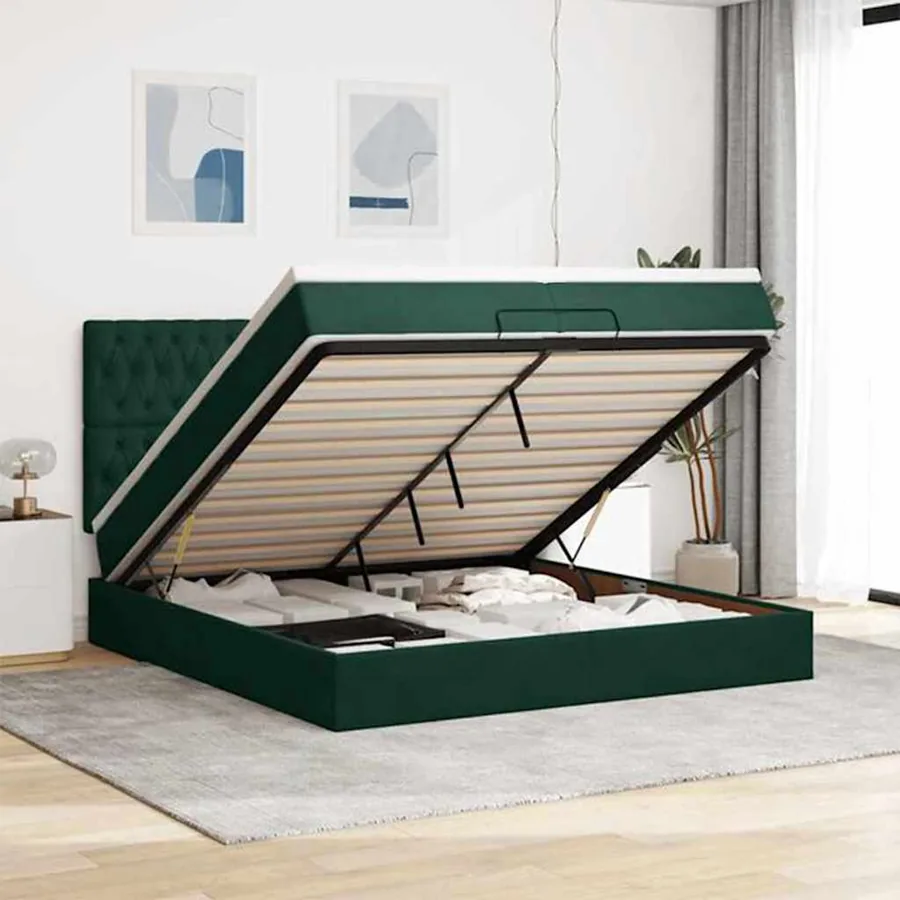Cadre de lit ottoman avec matelas vert foncé 200x200 cm velours
