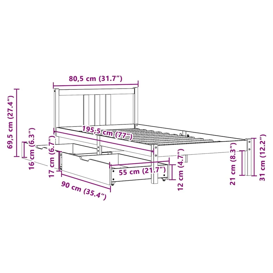 Cadre de lit sans matelas 75x190 cm bois de pin massif - 11