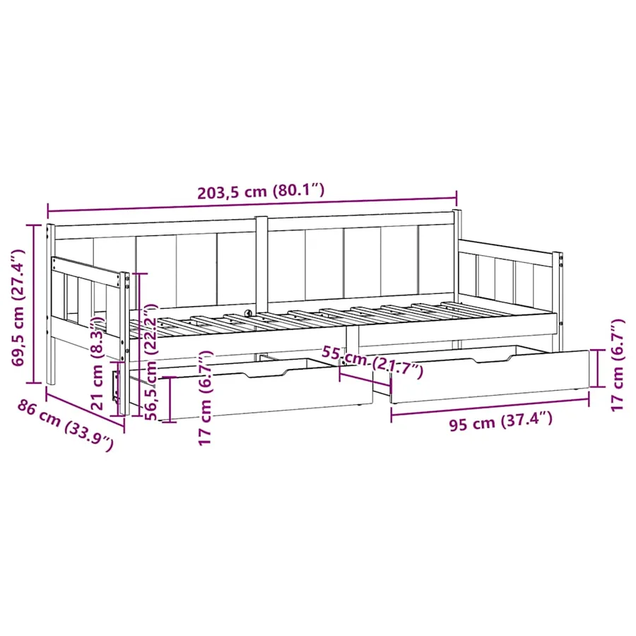 Lit de jour avec tiroirs sans matelas 80x200 cm bois massif - 12