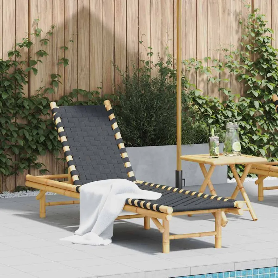 Transat en bambou avec sangles tissées noires 55 x 200 x 30 cm