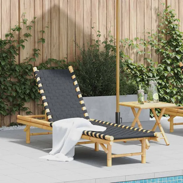 Transat en bambou avec sangles tissées noires 55 x 200 x 30 cm